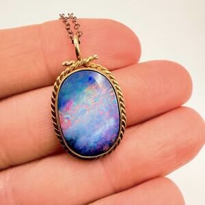 Vtg 9K Gold Australian Opal Doublet Pendant Necklace Twisted Rope 15.8ct - 19"